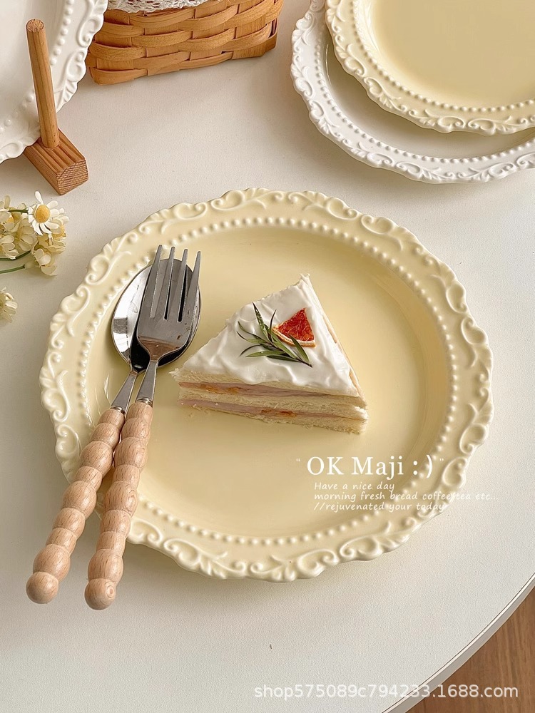 French retro straw hat plate, high-end and light luxury dinner plate, home ceramic vegetable plate, cream-style cake dessert plate pic 5