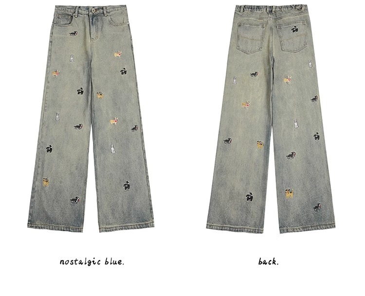 Light-colored high-waisted straight-leg jeans for women, 2025 new embroidered American retro washed wide-leg loose floor-length pants pic 4