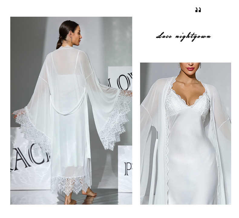 Two-piece set of white satin halter sleeping dress for export, detachable chest cushion mesh lace flared sleeve outer robe 1182 pic 4