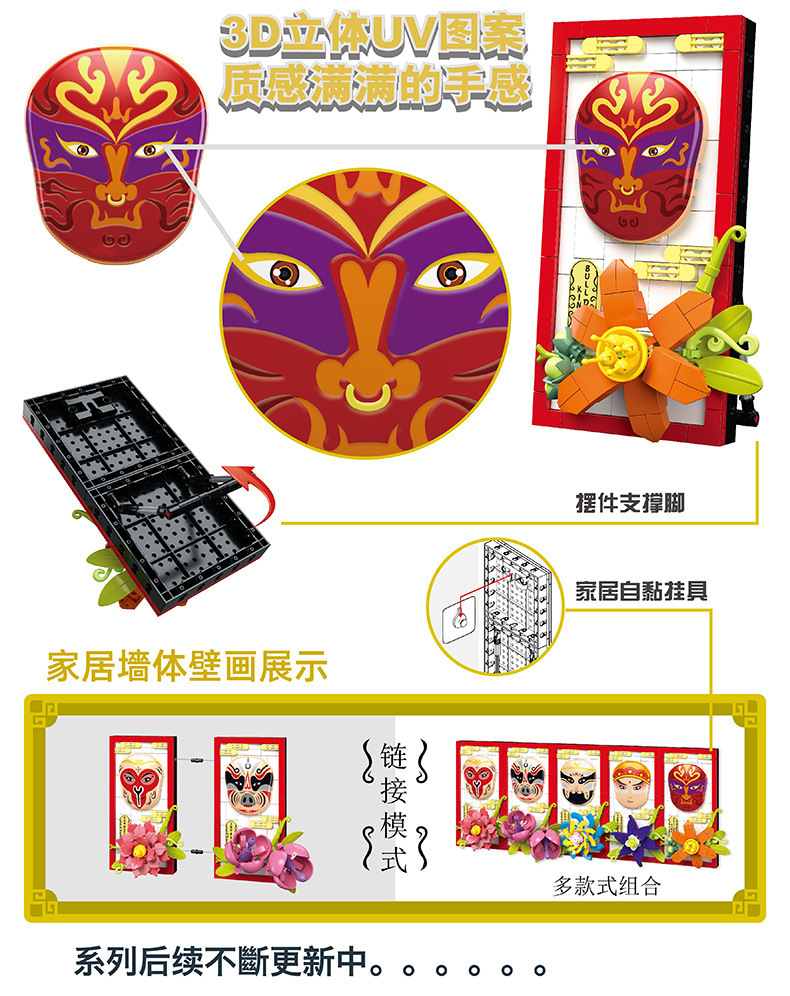 跨境儿童益智拼装小颗粒积木仿真脸谱相框生旦净末丑积木模型盒装详情30