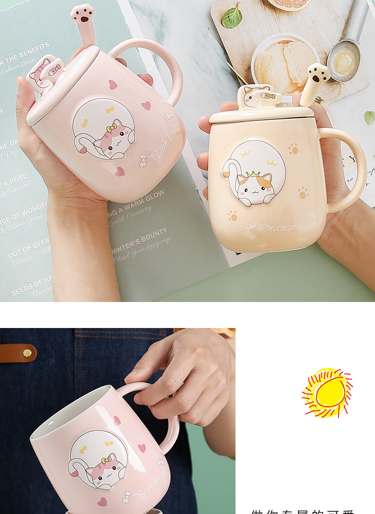 Cat-shaped mugs with LIDS, ceramic cups, creative, personalized and trendy office cartoon ins home coffee cups pic 10