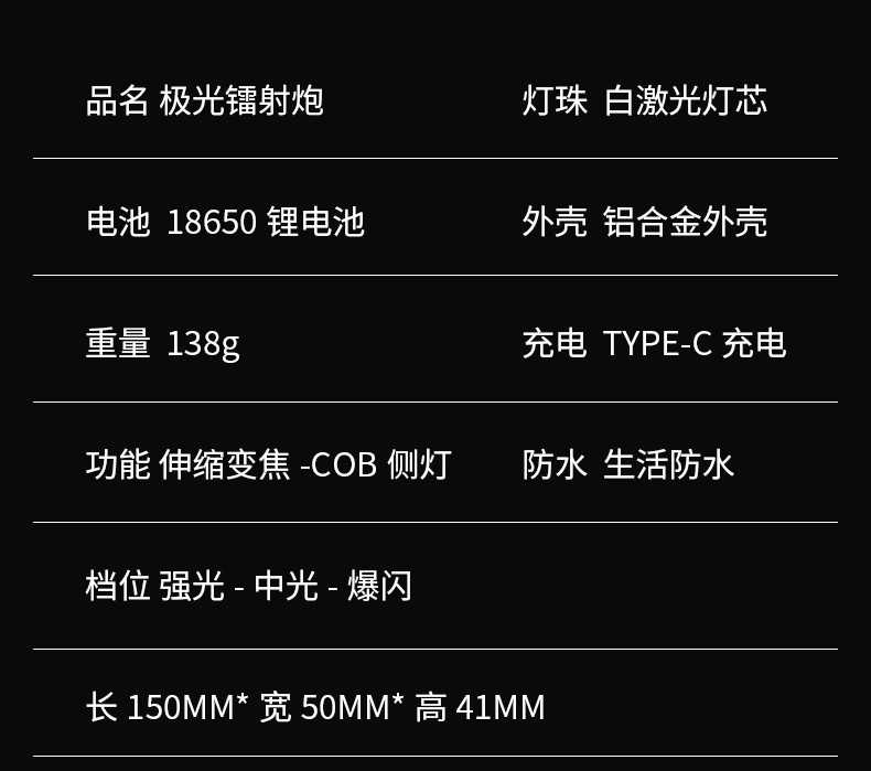 跨境强光手电筒镭射炮户外铝合金手握式爆亮可充电长续航变焦手电详情6