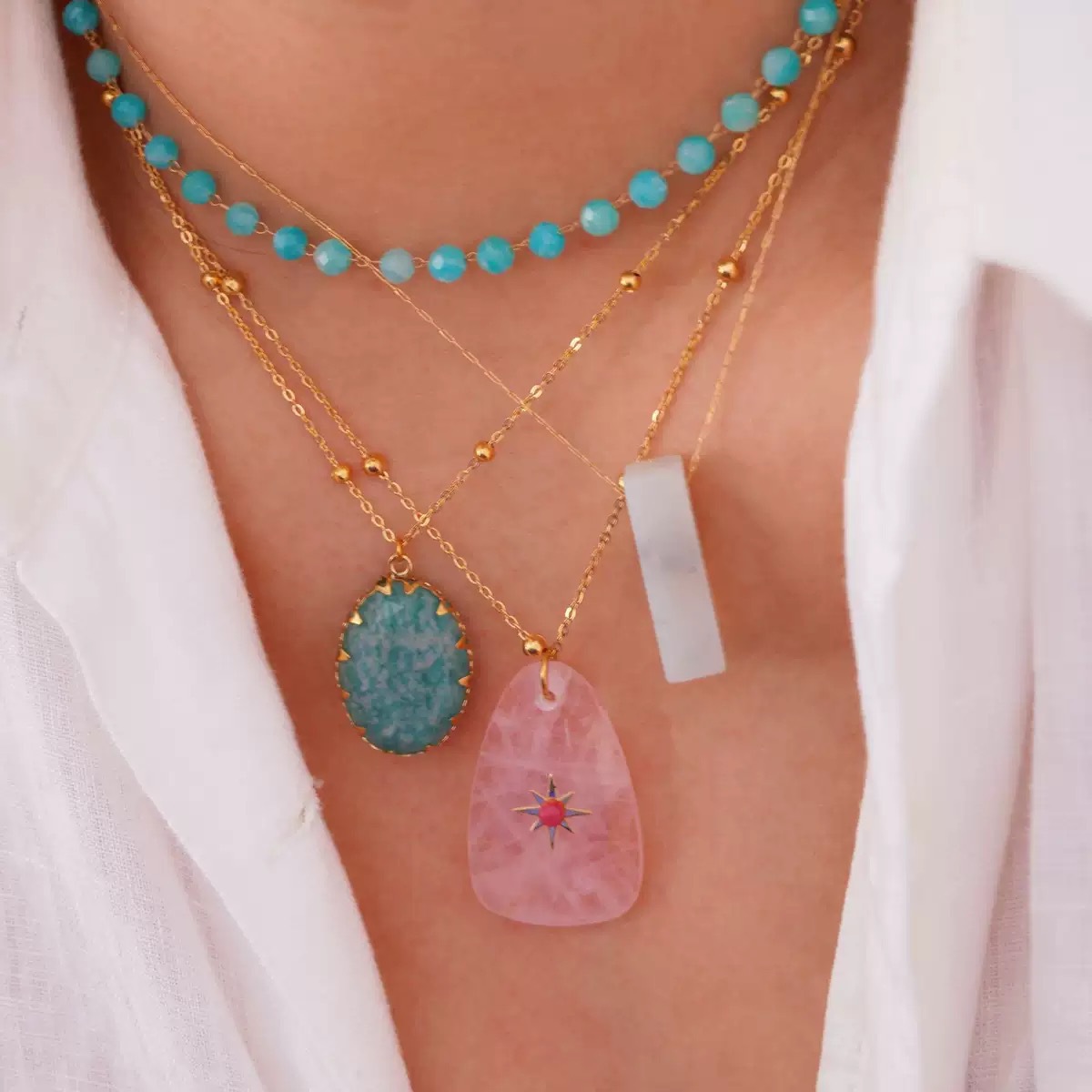 跨境ins时尚轻奢蓝色系列天河石不锈钢14K金项链简约高级手工项链详情12