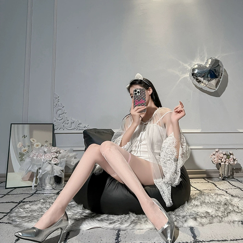 Black silk romantic stockings, crotch sexy flirting, bed tear-off stockings, adult hollowed-out fishing net stockings, plus-size halter stockings pic 27