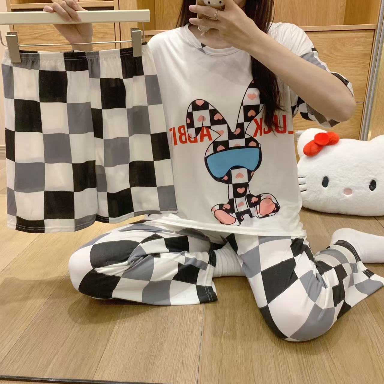 pajamas外贸工厂批发卡通夏季睡衣女短袖大码长裤三件套家居套装详情34