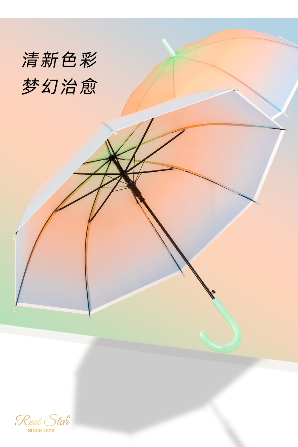 24年新款塑料磨砂雨伞日韩款式清晰多巴胺图案自动伞21吋儿童长伞详情7