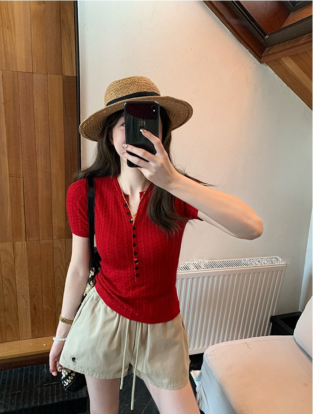 随性老钱风！夏季新款纯色短袖修身针织衫女简约v领红色上衣t恤详情8