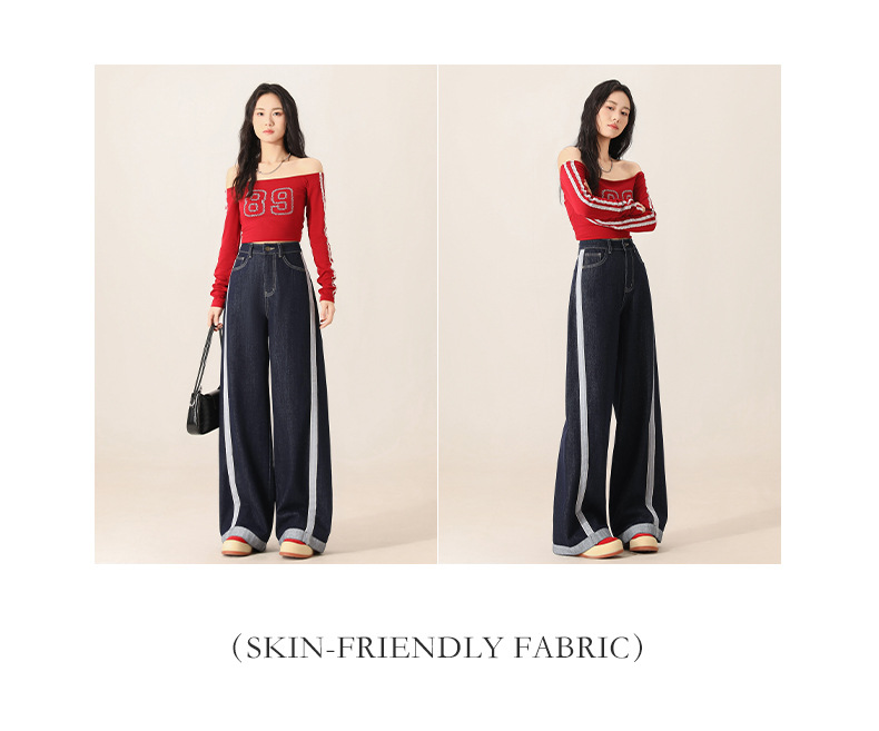 Denim wide-leg jeans for women, Spring 2025 new style, color-blocking and patchwork high-waisted loose straight-leg floor-length pants pic 24