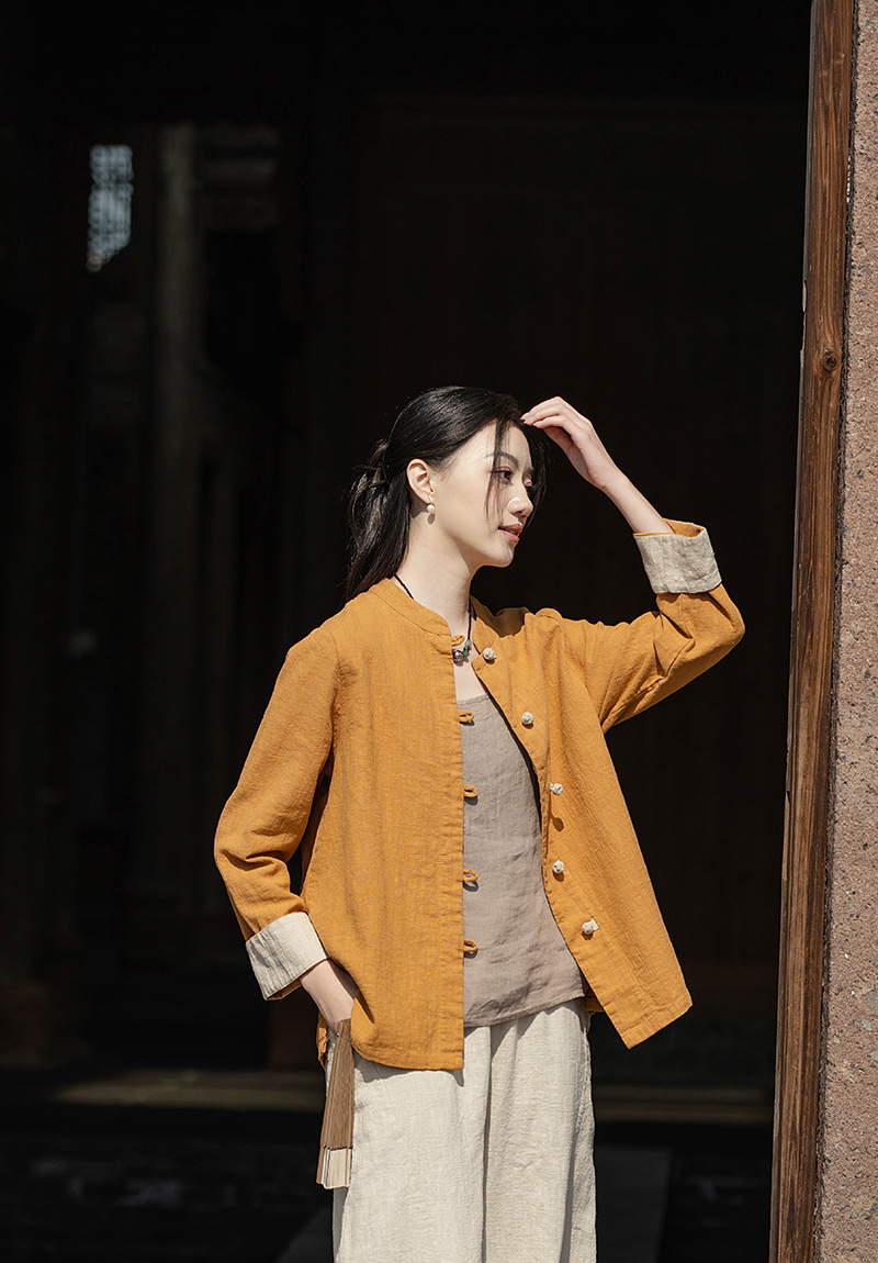 国潮中式棉麻女装拼色盘扣衬衫复古亚麻上衣茶服女禅意中山装国风开衫详情17