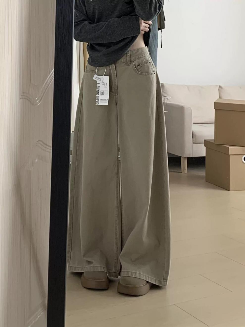 卡其色宽松阔腿牛仔裤女夏季新款高腰宽松显瘦休闲百搭垂感拖地裤详情2