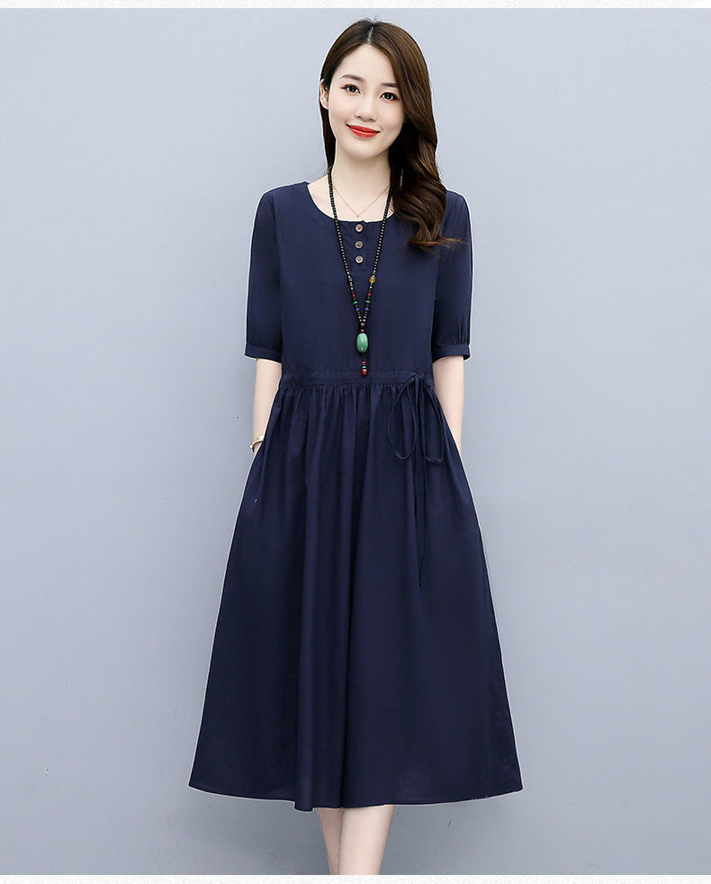 Mid-length cotton and linen dress for women, new summer 2024, high-end and elegant, waist-cinching, slimming and belt-covering A-line dress pic 19