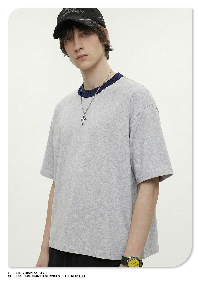 Summer new knitted patchwork color-blocking collar 100% cotton short-sleeved American trendy brand versatile short T-shirt top for men pic 16