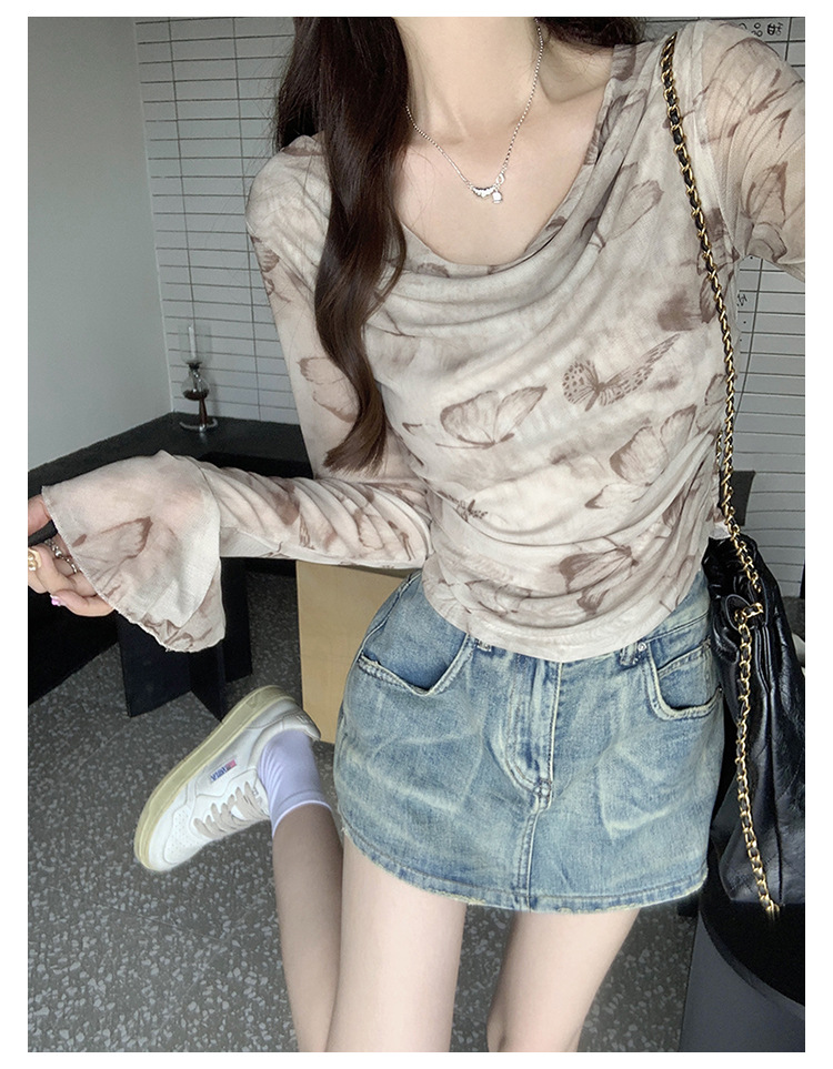 实拍纯欲防晒网纱T恤2024早秋季新款纯欲褶皱不规则气质性感上衣详情28