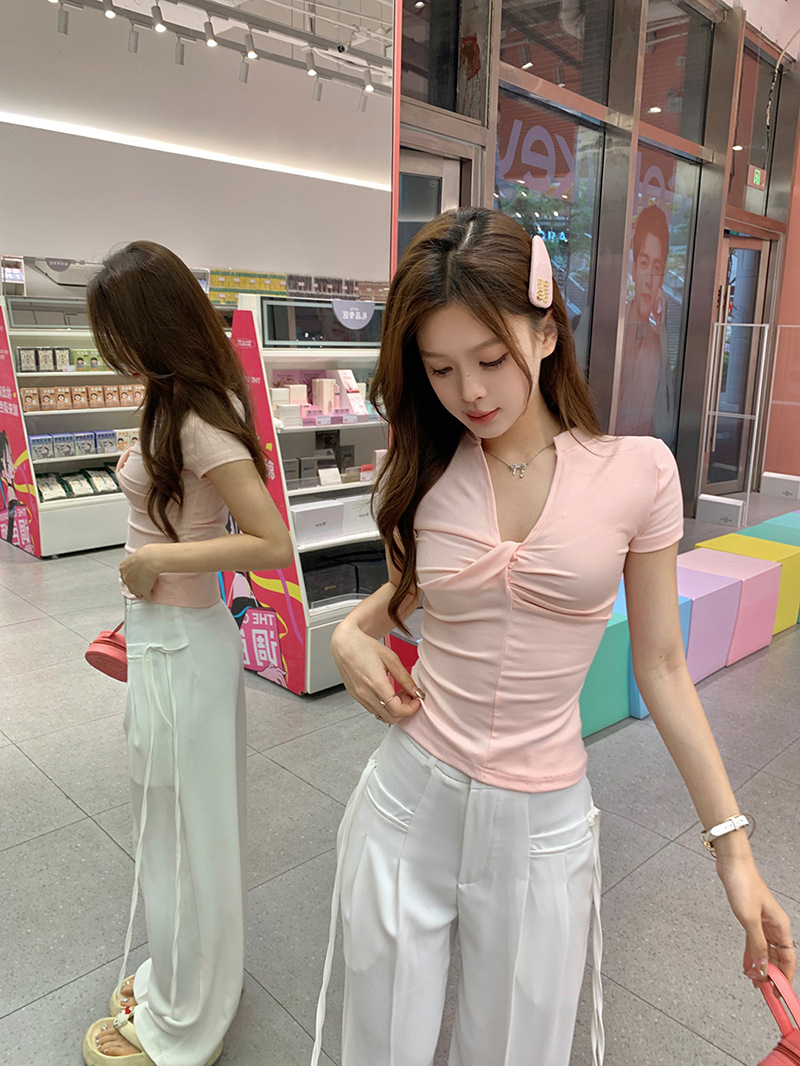 雅姿欣设计感白色短袖T恤两穿修身辣妹百搭显瘦内搭上衣女一字肩详情7