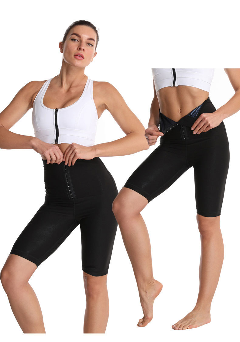 T跨境专供夏季涂层暴汗五分裤高腰排扣运动紧身裤跑步发汗运动裤详情5