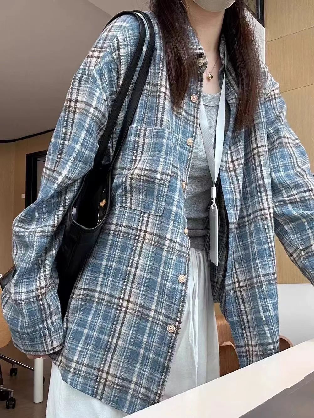 法式蓝色格子棉质长袖衬衫外套女春秋季新爆款早秋气质上衣设计感详情1