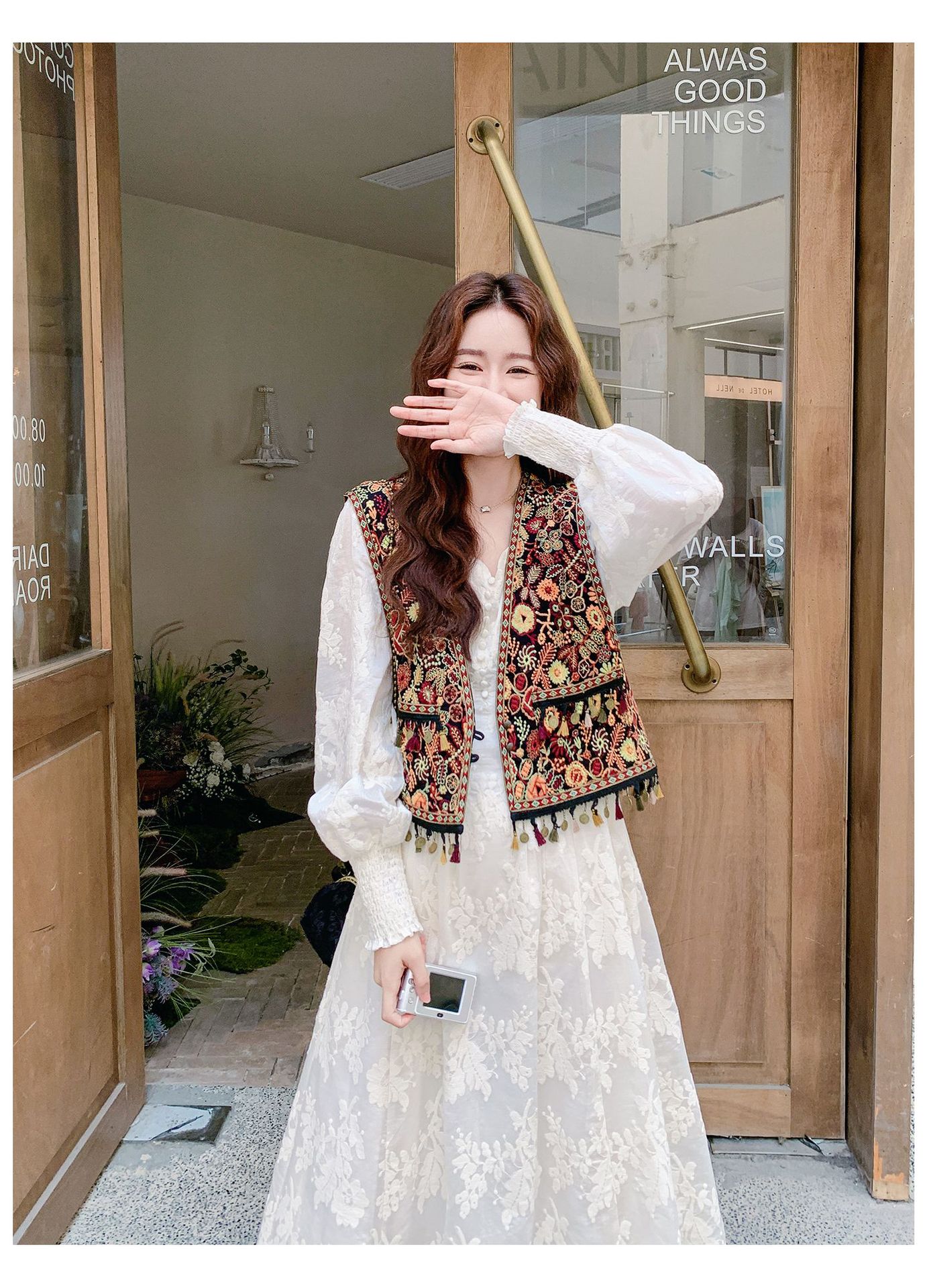 Real shot Bohemian fringed vest jacquard long dress two-piece set 2025 autumn collection lace patchwork V-neck dress pic 36