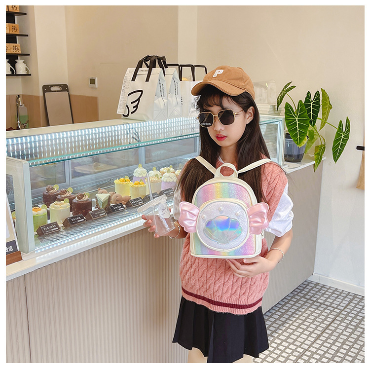 Rainbow gradient sequin backpack, pearl shell pattern, pink bow, outdoor hiking canvas schoolbag, lightweight and durable pic 33