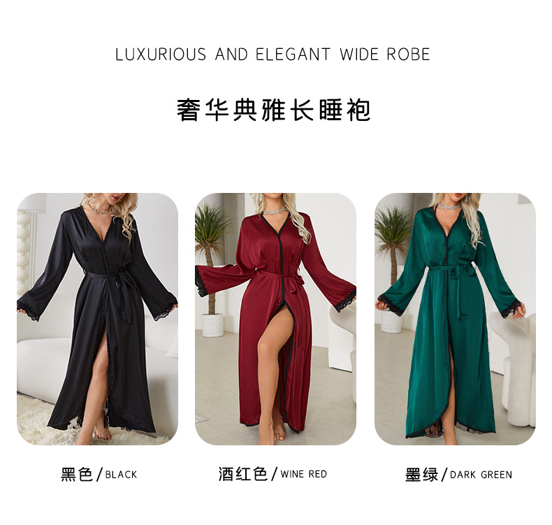 New cross-border light luxury long-sleeved V-neck satin lace patchwork long bathrobe, bathrobe and home wear for women, 657 pic 3