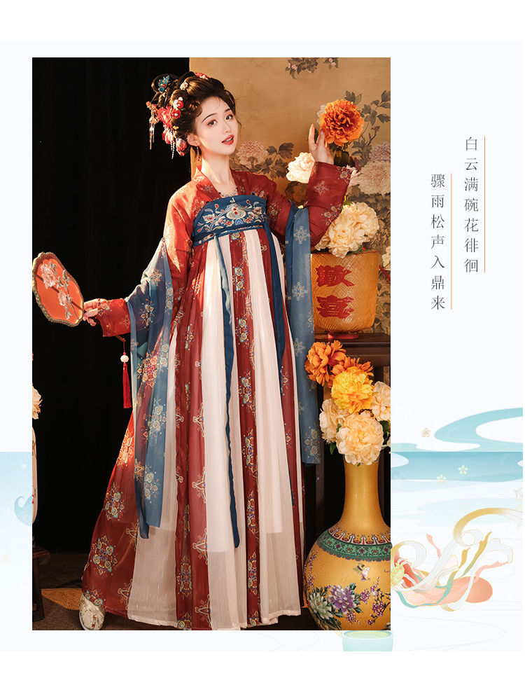 国潮唐制汉服齐胸襦裙日常改良唐制汉服女复原风齐胸襦裙一片式春夏款详情14