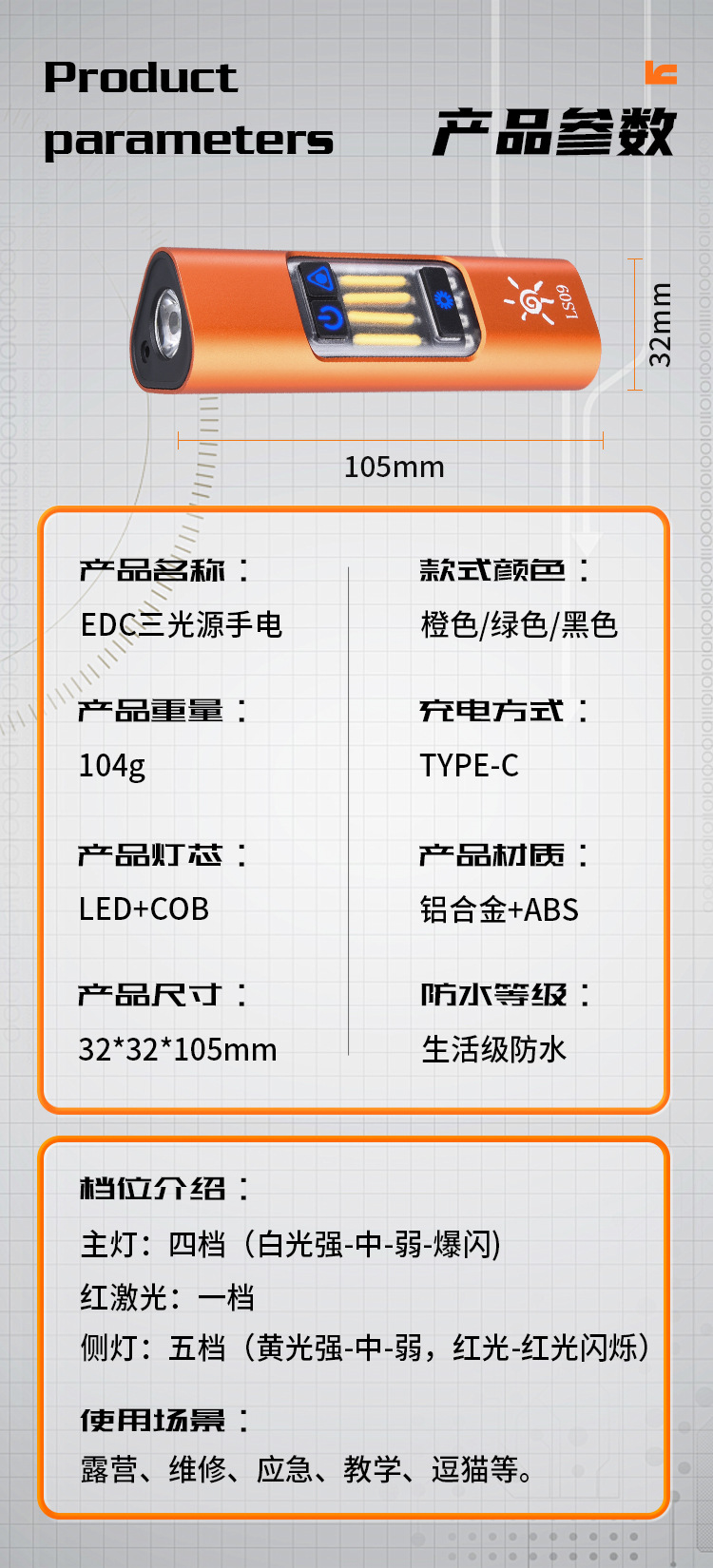 New EDC type-c charging work light with strong magnet side light, red laser multi-position hook, built-in battery pic 1