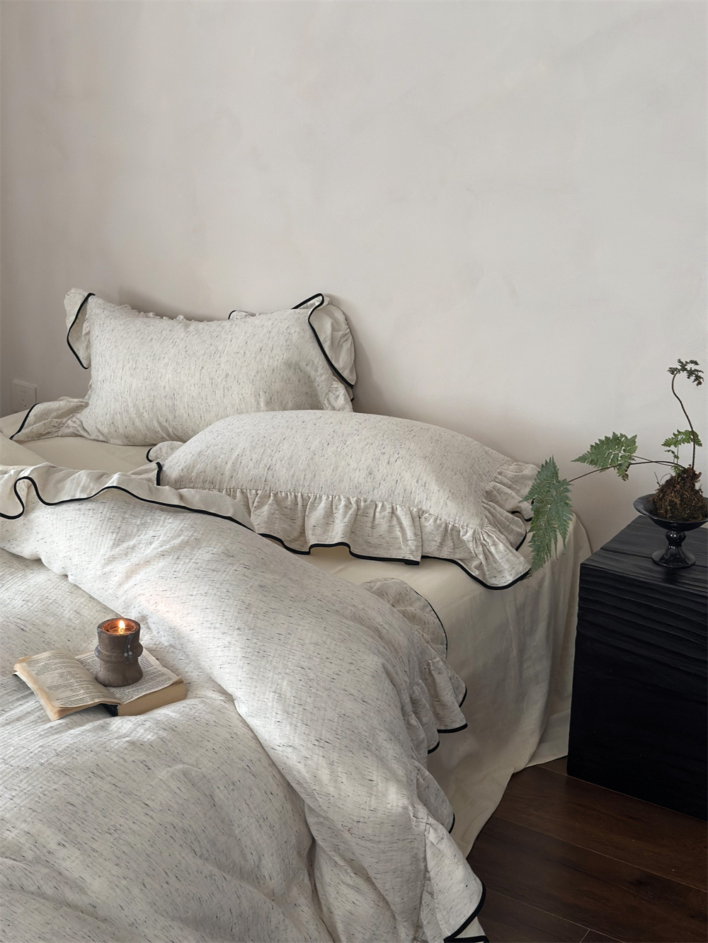 French-style high-grade dyed all-cotton double-layer yarn four-piece set, pure cotton black fringed lace duvet cover, princess-style naked sleeping bed sheet pic 8
