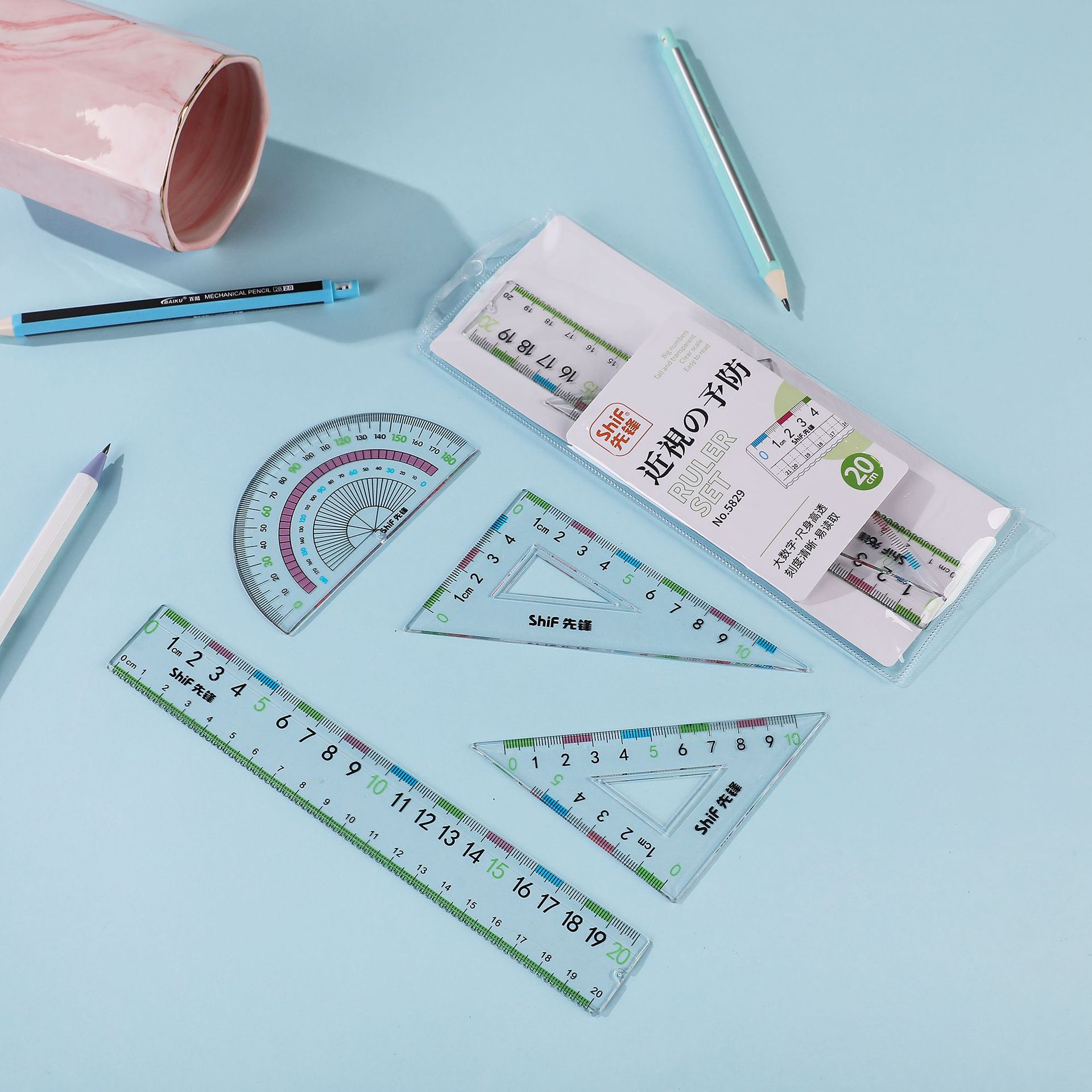 Pioneer 5829 conjunto de reglas para estudiantes de primaria con reglas de triángulo transferidor para niños multifunción dibujo conjunto de reglas pic 5