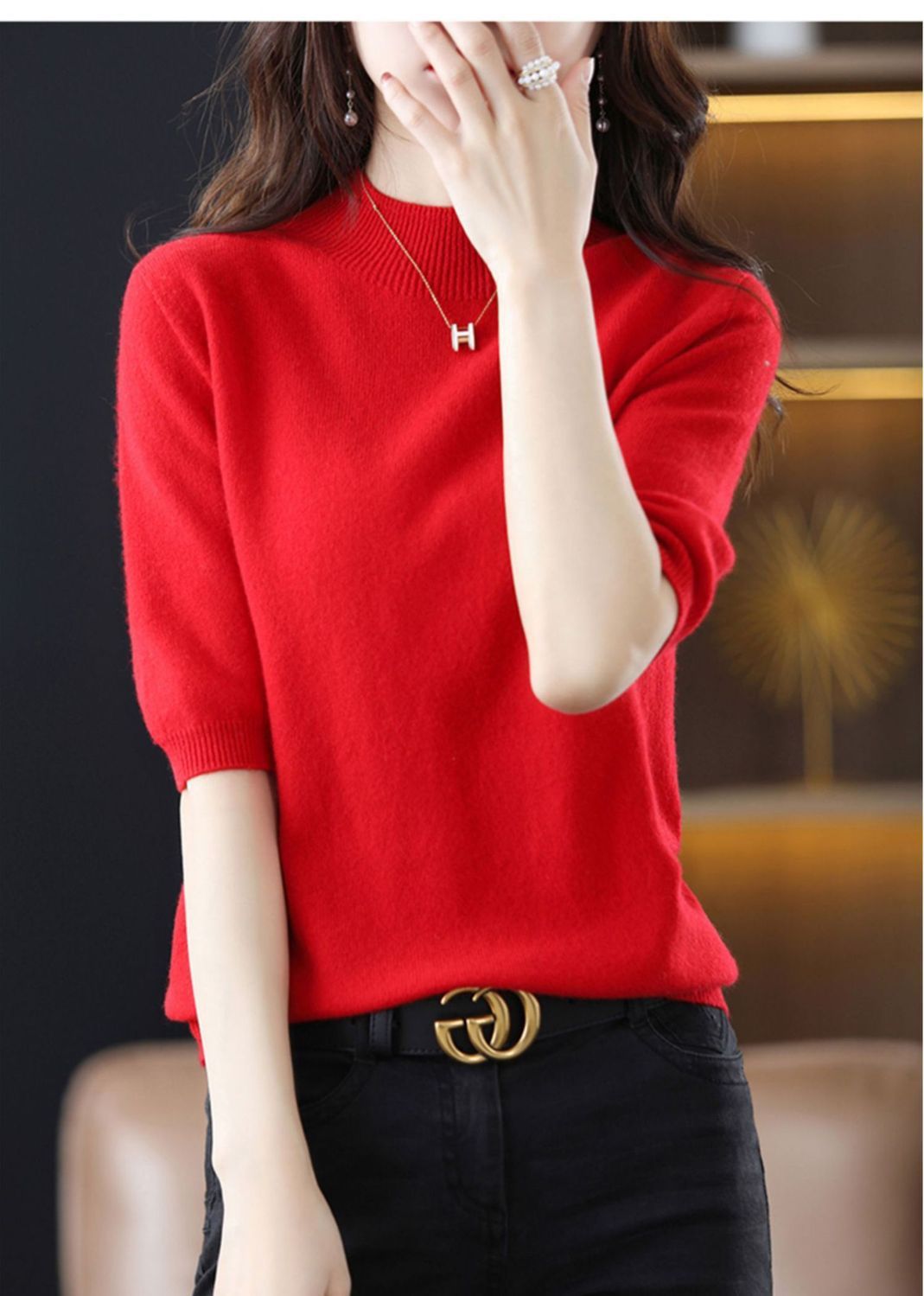 A semi-high-neck casual knitted sweater for women in spring 2023, in a solid color, paired with a half-sleeved base layer sweater T-shirt pic 2