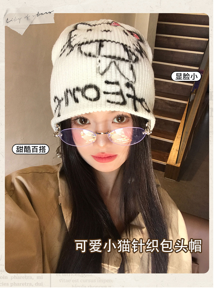 American hot girl kitty cat graffiti cold hat for women, warm knitted woolen hat for autumn and winter, face-showing small headscarf hat pic 1
