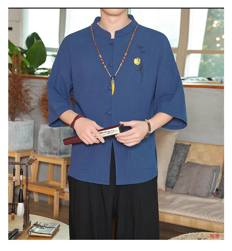 国潮中国风刺绣男士唐装短袖亚麻t恤夏季薄款七分袖道袍上衣潮流衬衣详情13