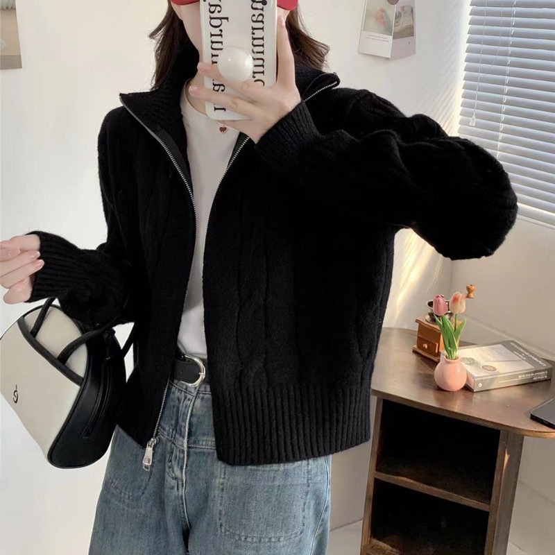 Solid-color casual double-zipper twisted knit cardigan coat, fashionable and versatile, new autumn and winter style sweater top for women pic 30