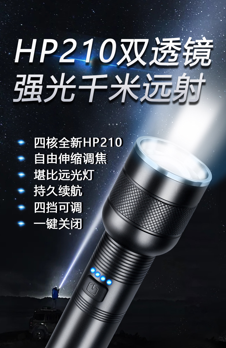 跨境新款XHP50强光手电筒铝合金户外电量显示USB充电伸缩变焦详情1