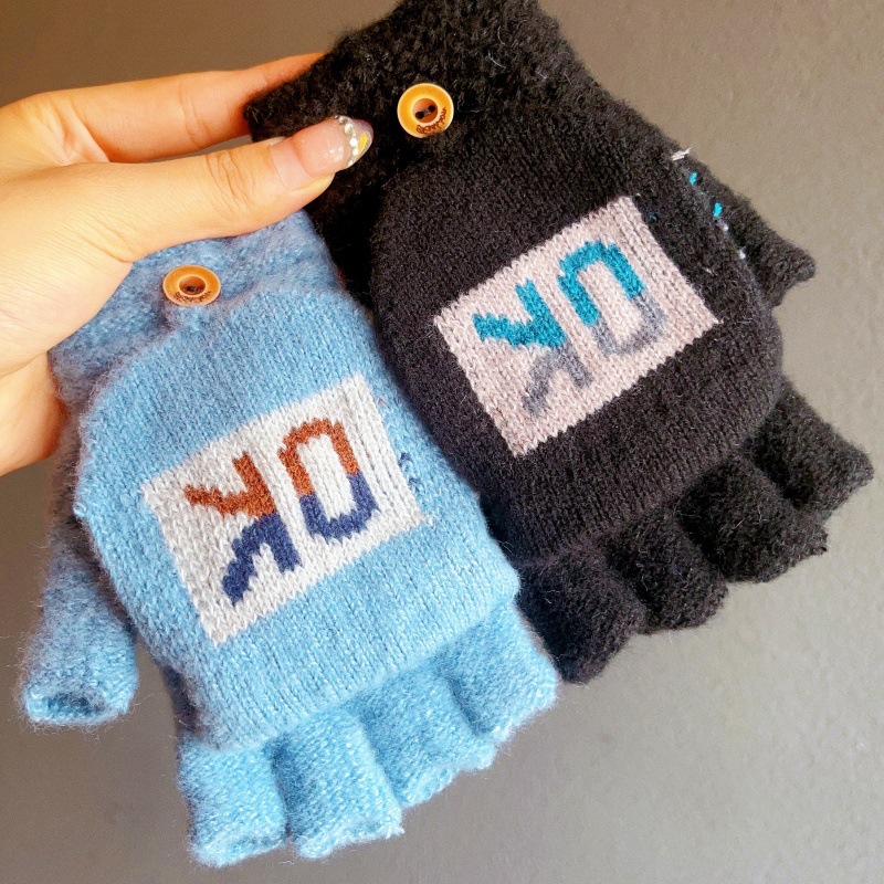 韩版手套冬季新款保暖防寒防冻男士简约户外骑行半指翻盖写字手套详情8