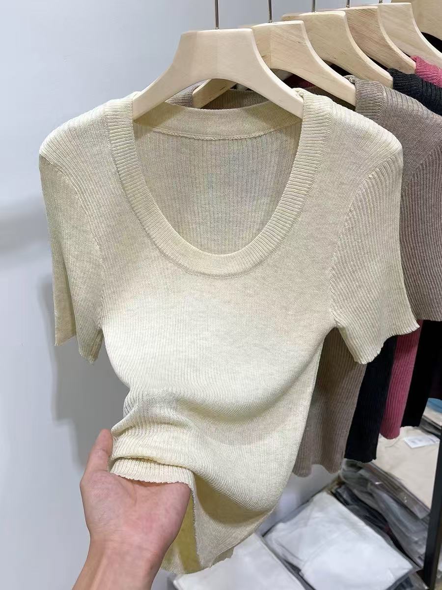 In 2025, a Korean-style U-neck off-the-shoulder knitted short-sleeved sweater for women, a thin solid color versatile spring short top for women pic 4