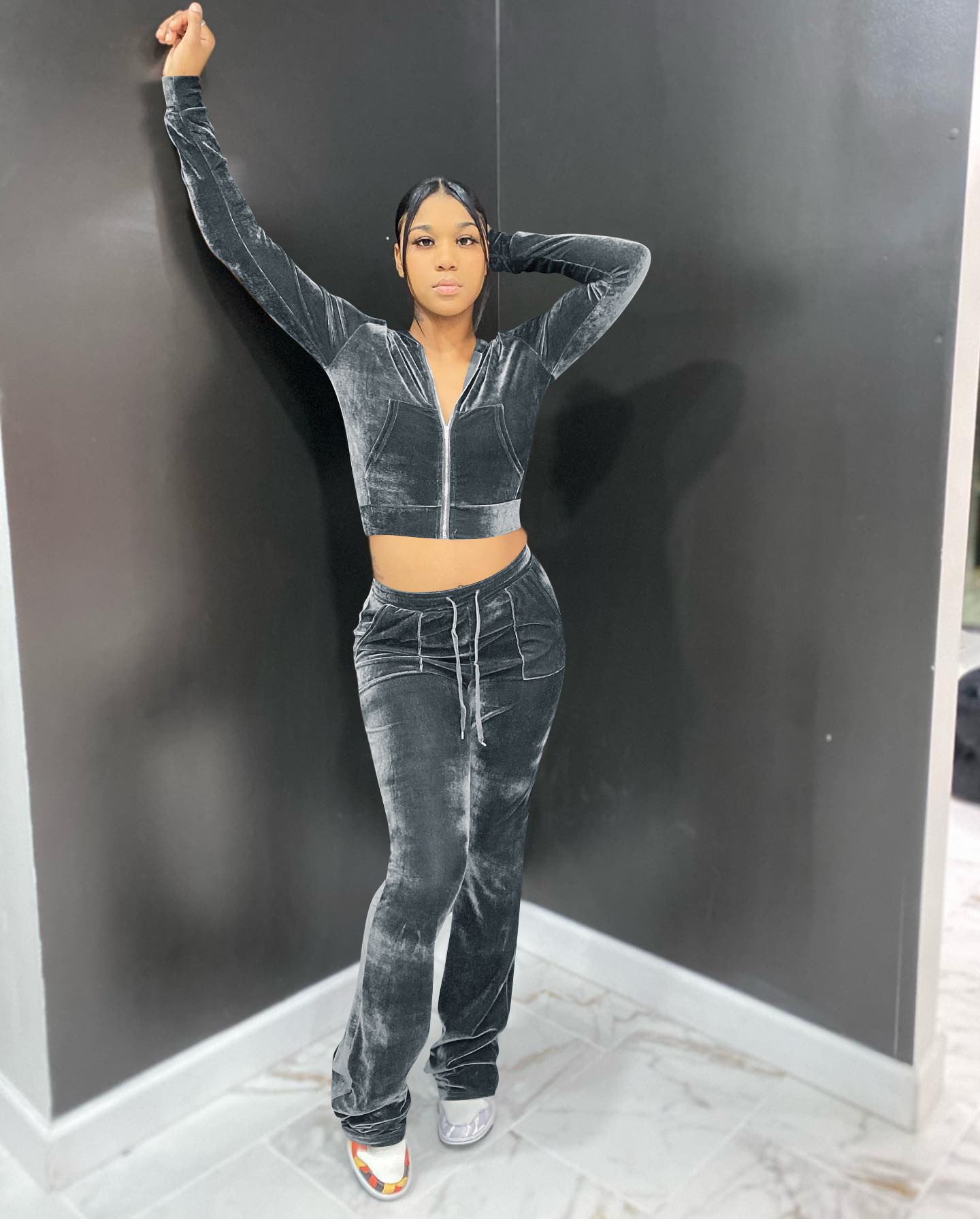 Solid color gold velvet wide-leg pants two-piece set pic 18