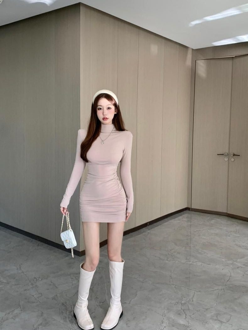 辣妹半高领长袖连衣裙女秋冬季修身包臀裙内搭打底裙纯欲风短裙子详情8