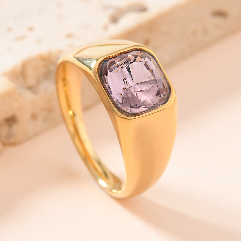 欧美跨境不锈钢铸造饰品男女通用 镶方形彩钻戒指镀18k金锆石戒指详情13