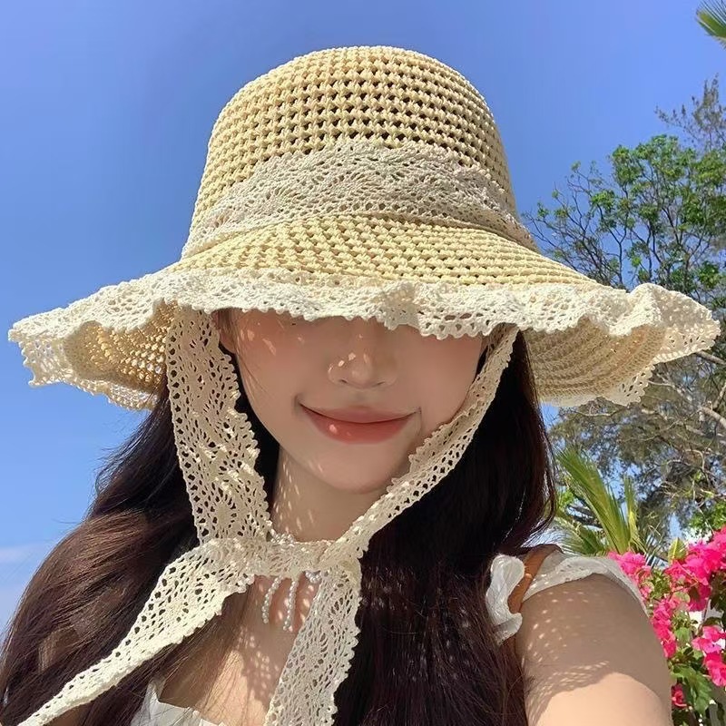 草帽ins系带镂空草编帽女夏出游防晒沙滩海边太阳帽蕾丝边遮阳帽详情4
