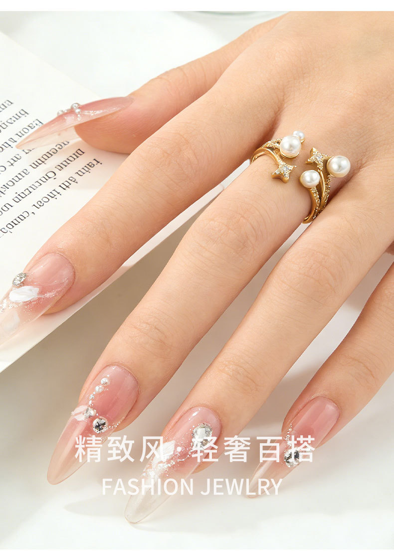 Light luxury starlight pearl open ring, copper alloy slightly inlaid zircon, high-end feel, adjustable index finger ring, stackable ring pic 5