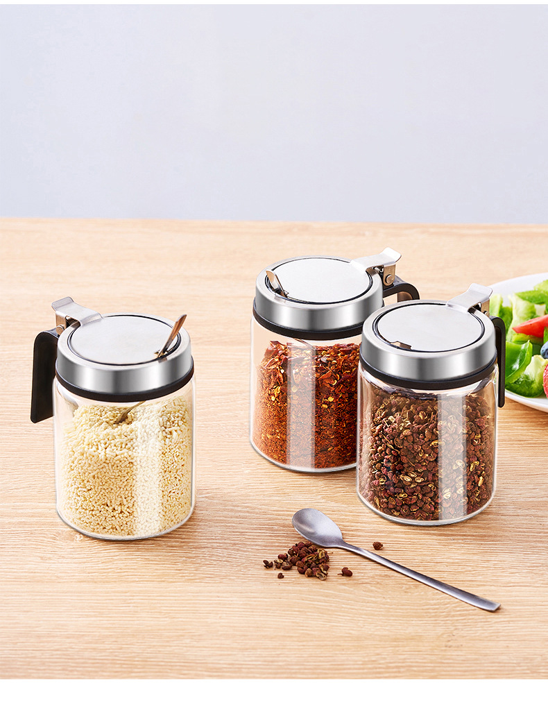 调料罐带勺佐料盒防潮玻璃盐巴罐不锈钢弹簧盖调味瓶厨房家用套装详情10