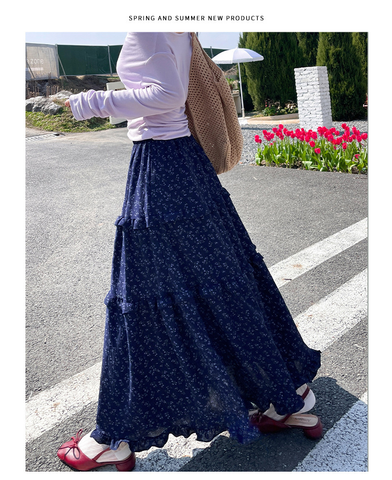 半身裙女春秋冬新款韩式复古蓝色碎花闲慵懒风长裙子高腰 a字裙休详情27