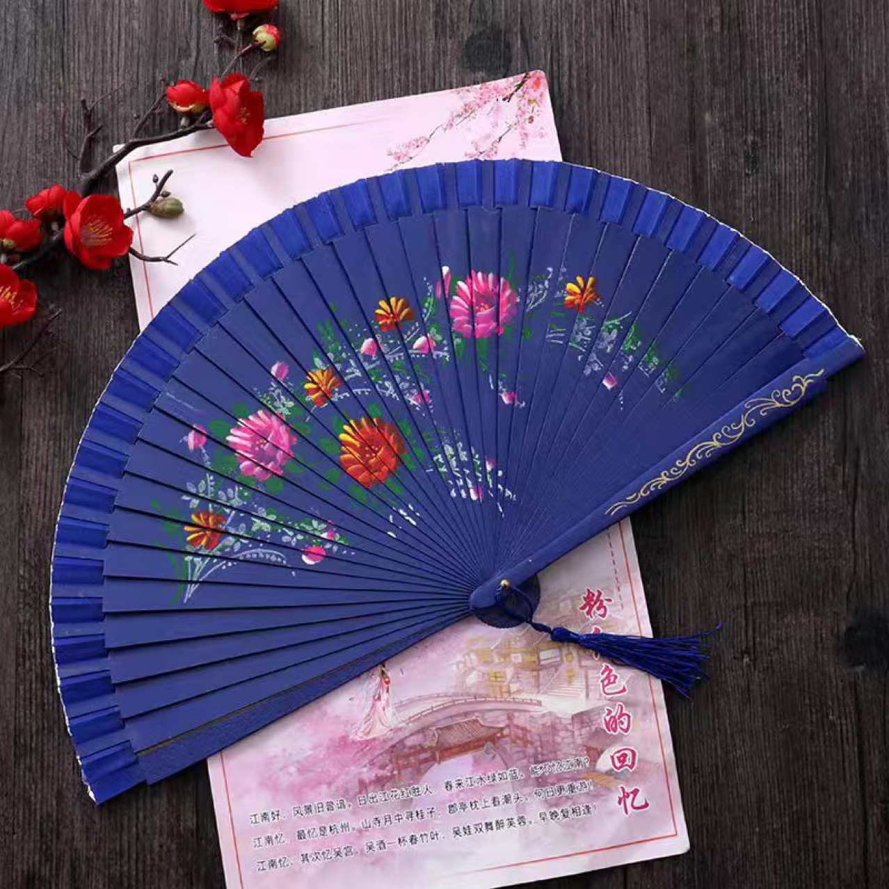 红色跳舞扇子双面西班牙实木扇舞蹈扇旗袍舞台走秀表演扇红扇折扇详情5