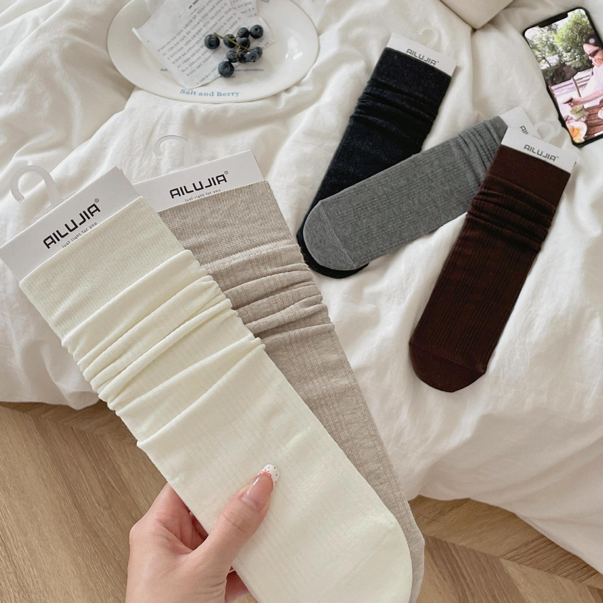 秋冬季新款袜子女无骨百搭纯棉中筒袜韩国学生ins竖抽条堆堆袜子详情5