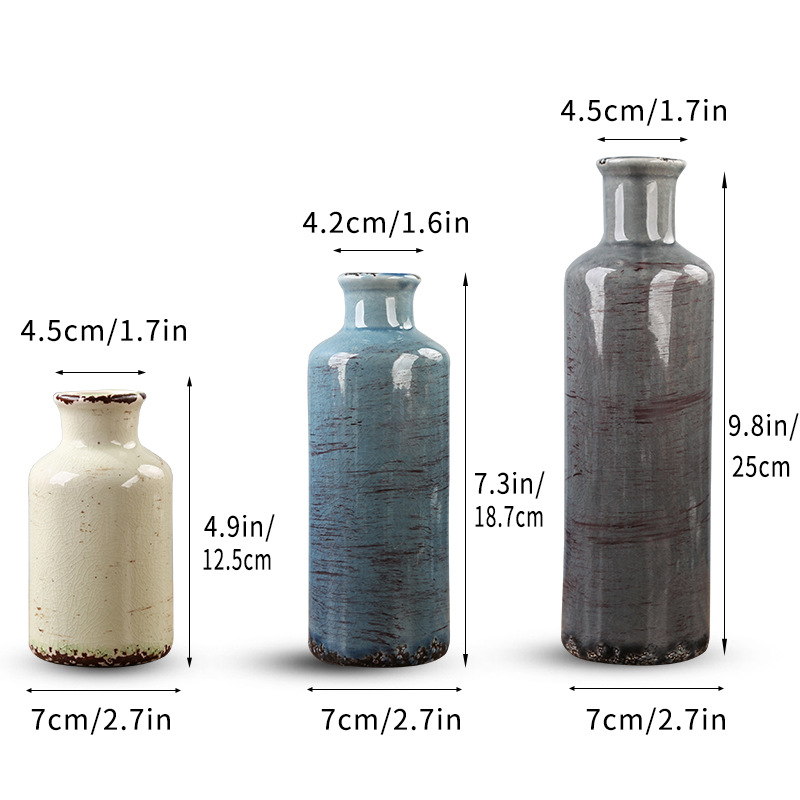 2025 Cross-border Rural Ice-Crack Ceramic Vase in Gray, Blue and Green 3-piece Set Bohemian Retro Home Decoration Farmhouse Vase pic 2