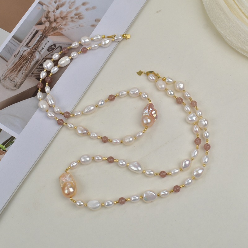French caramel grass mold crystal natural stone Baroque natural freshwater pearl necklace, a new high-end sweater chain for women pic 10