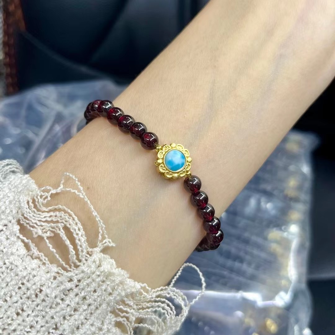 莫桑比克天然石榴石手链女手串搭配海纹石酒红珠本命年复古详情2