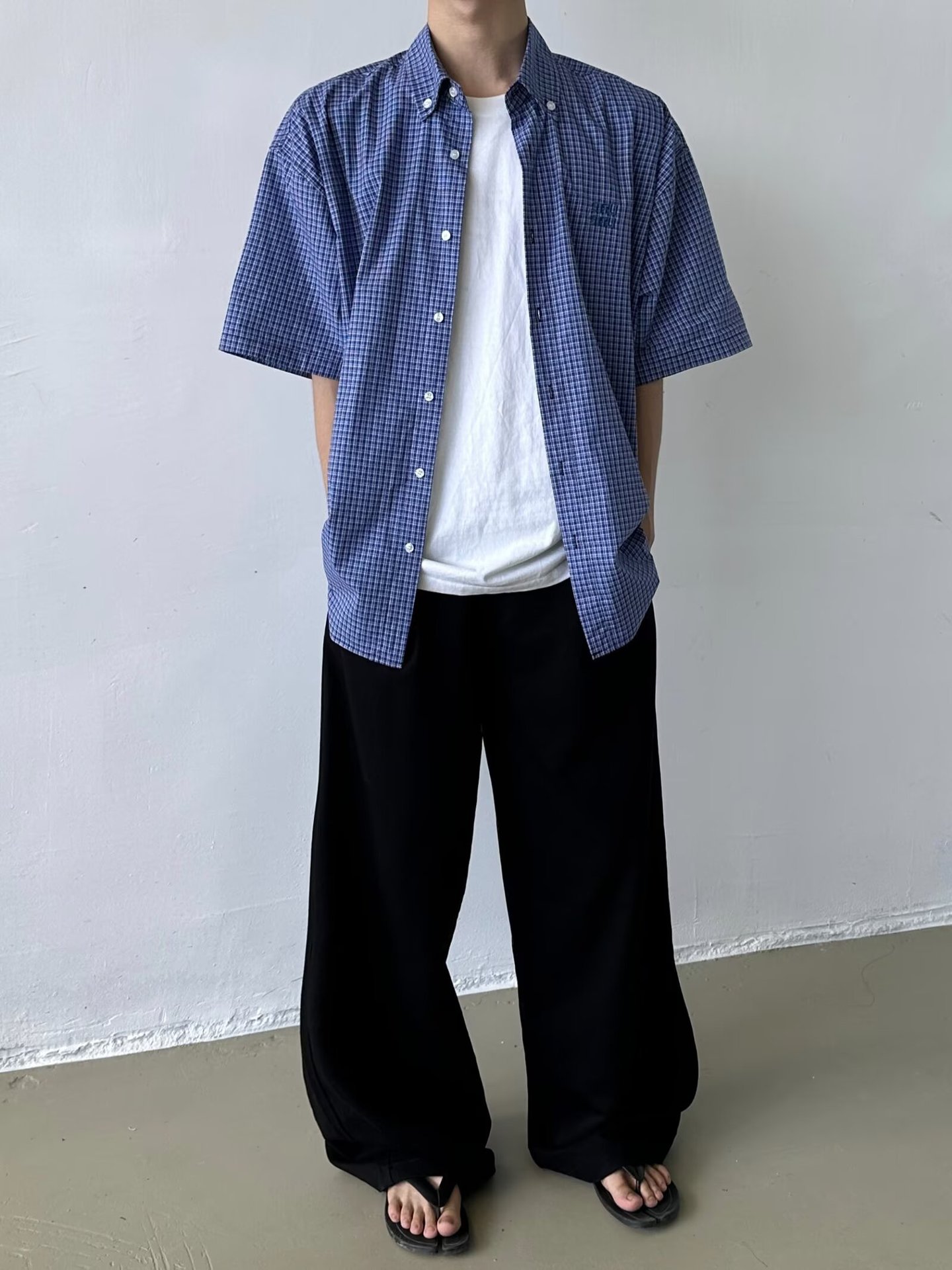 cleanfit blue checkered shirt for men, short-sleeved summer five-quarter sleeve shirt, a trendy brand with a high-end look pic 12