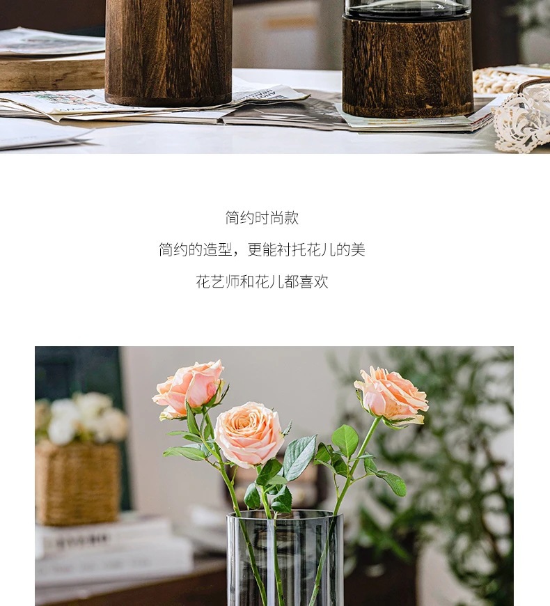 轻奢简约装饰水培花瓶摆件创意玻璃水养鲜花酒店客厅餐桌木托花瓶详情2