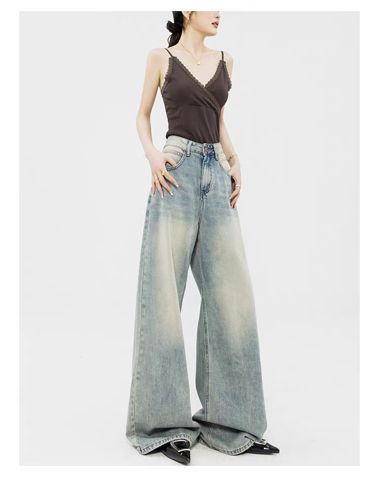Custom-made retro light-colored straight-leg jeans with a high-waisted, loose design, floor-length wide-leg pants, suitable for all seasons pic 12