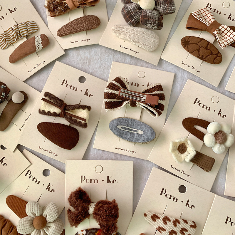 韩版布艺女童bb夹奶咖色花朵蝴蝶结波点发夹三角水滴发饰刘海夹详情4